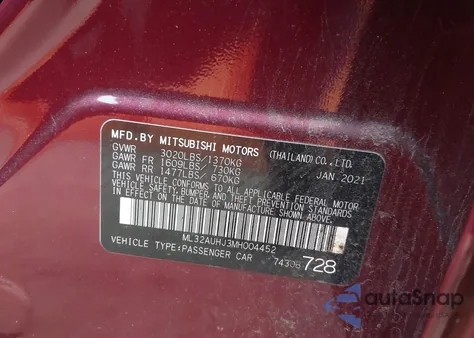 2021 Mitsubishi Mirage Carbonite Edition/Es/Le z USA, uszkodzony, nr VIN ML32AUHJ3MH004452